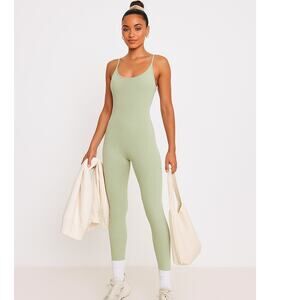 New XS Ribbed Sage Green Backless‎ Sleeveless Jumpsuit Long Fitted Lounge Casual